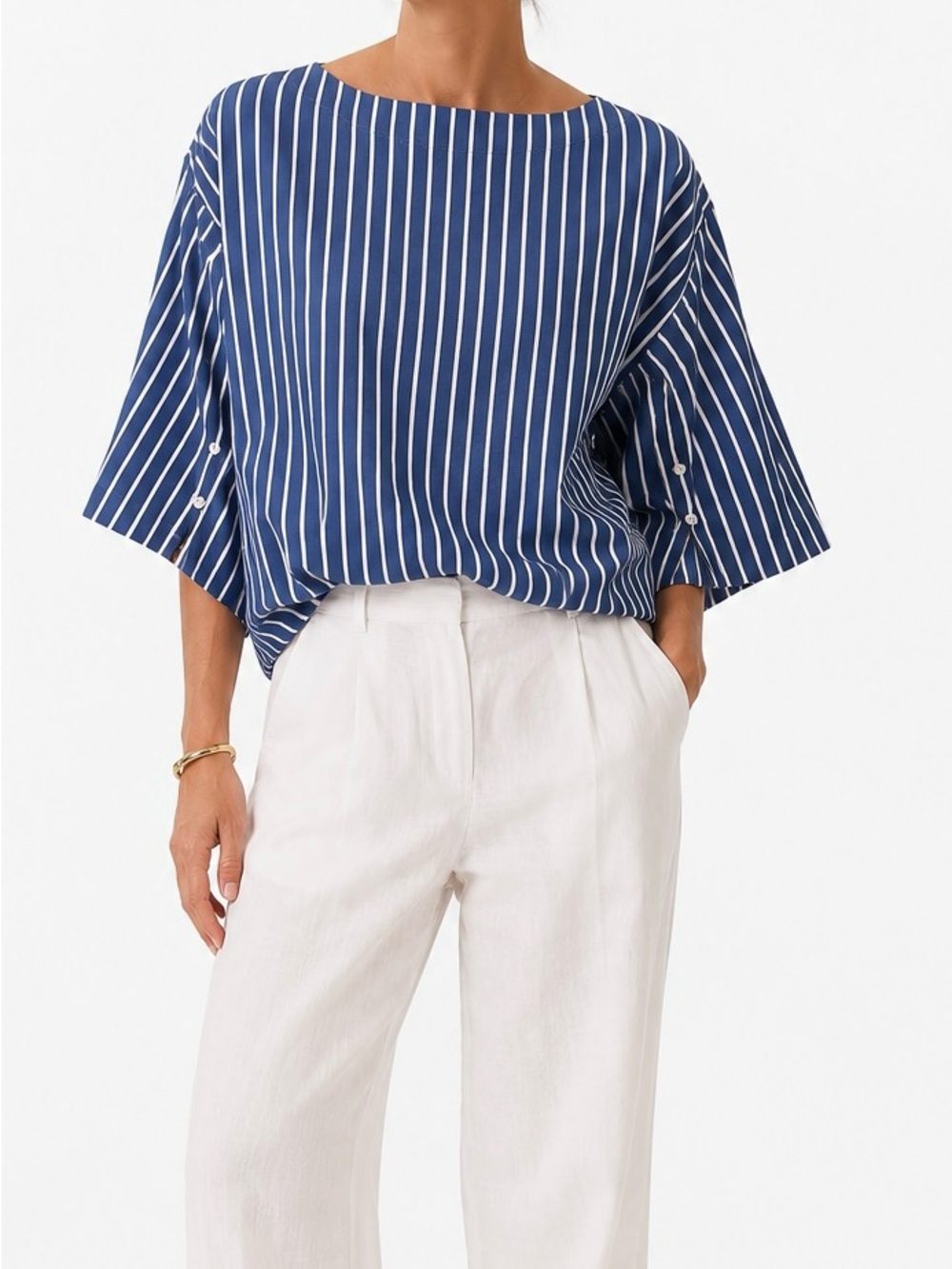 J.Crew Ciel Striped Cotton Poplin Boatneck Side Button Top Blue White XS